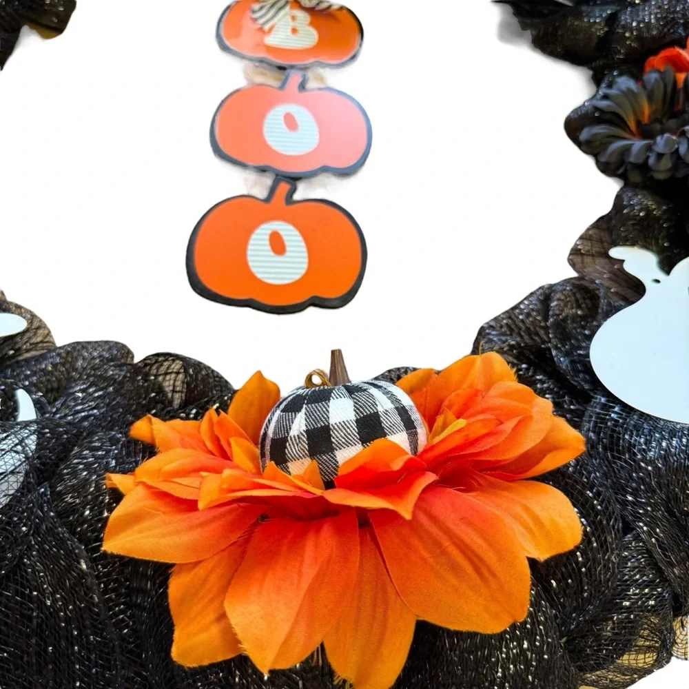 Black Glitter Mesh Halloween Wreath with Orange Flowers Haunted House Ribbon 25